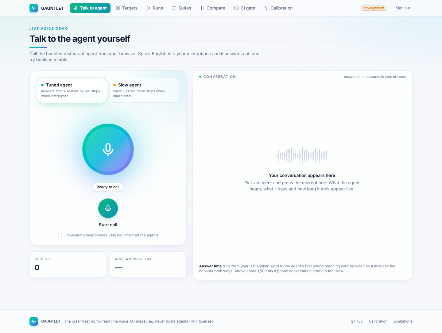 The Talk to agent page: an agent picker, a call orb and the conversation with each reply's answer time